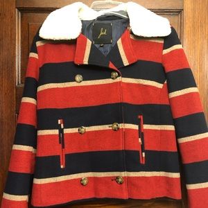 Striped Peacoat with Detachable Shearling Collar